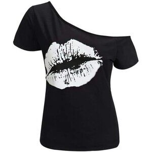 Plus Size Off Shoulder Lips Print Top Casual Short Sleeve Graphic T Shirt